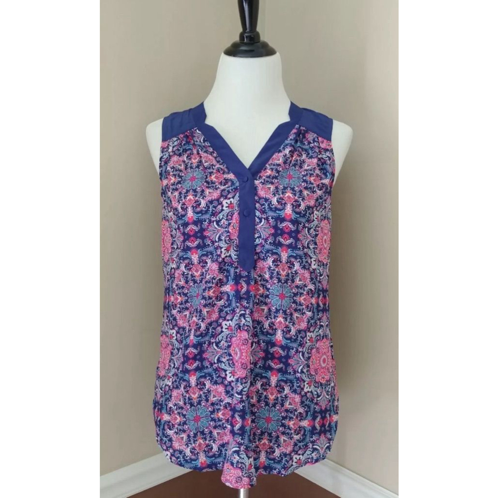 Modcloth Blue & Pink Boho Floral Fleur De Lis Medallion Sleeveless Blouse NEW